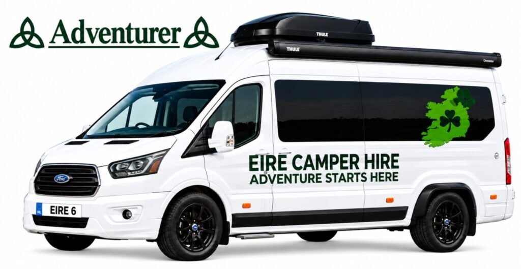 Eire Adventurer white Ford campervan, EIRE 6, with roof box and green Eire Camper Hire branding