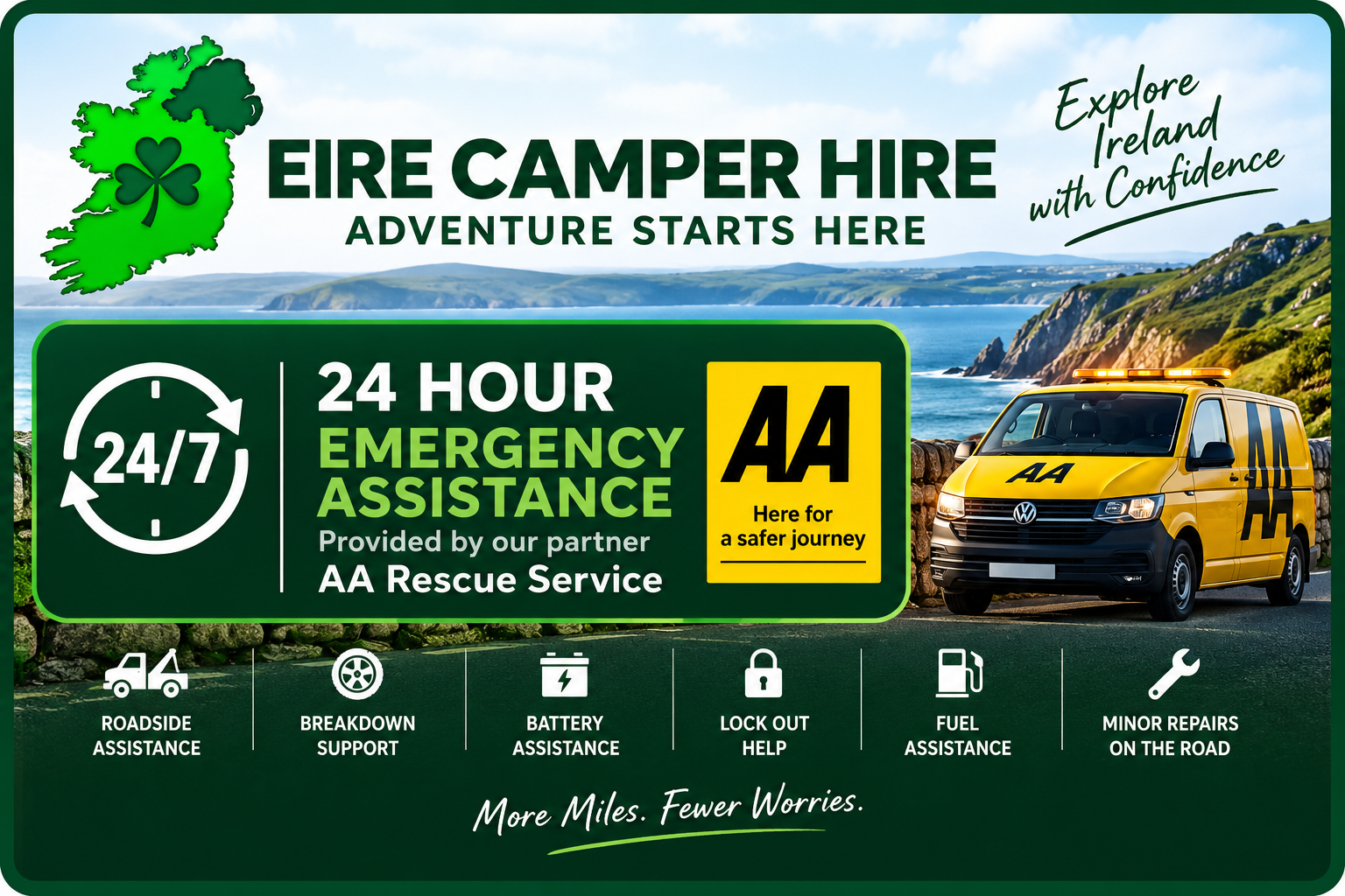 24 hour emergency assistance provided by AA Rescue Service for Eire Camper Hire customers