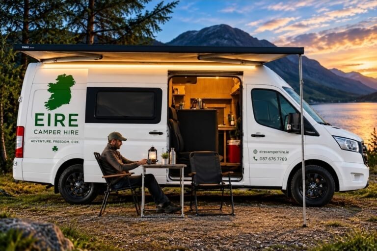 Eire Camper Hire campervan illustration beside a lake at sunset