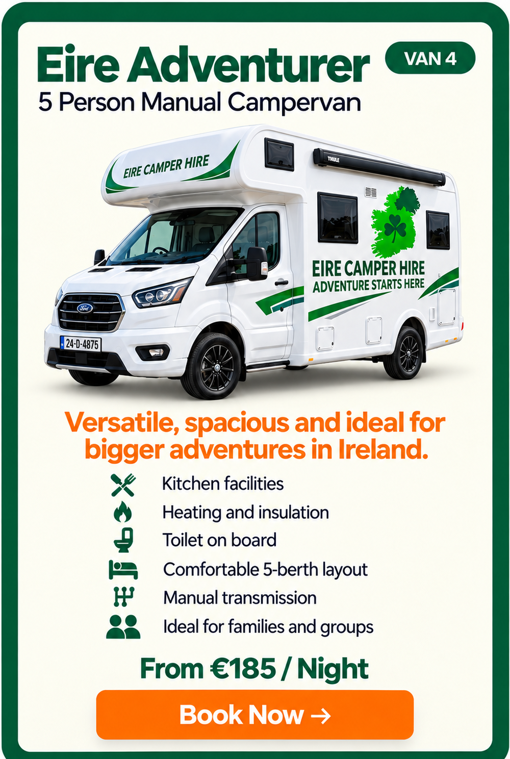 Eire Adventurer van 4, scenic campervan booking card