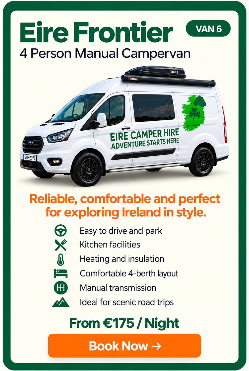 Eire Frontier van 6, scenic campervan booking card