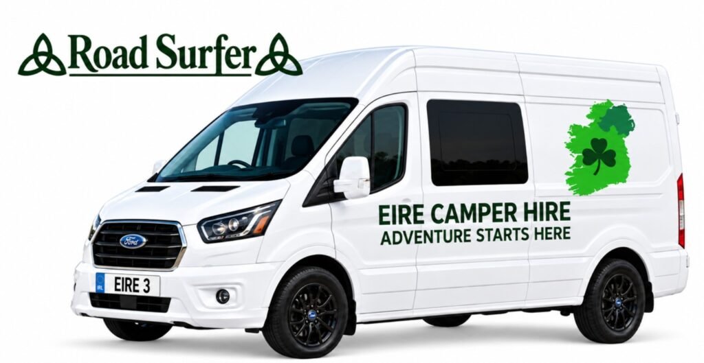 Eire Road Surfer white Ford Transit campervan, EIRE 3, with green Eire Camper Hire branding