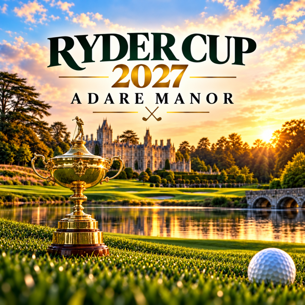 Ryder Cup 2027 Adare Manor artwork with trophy, golf course and manor